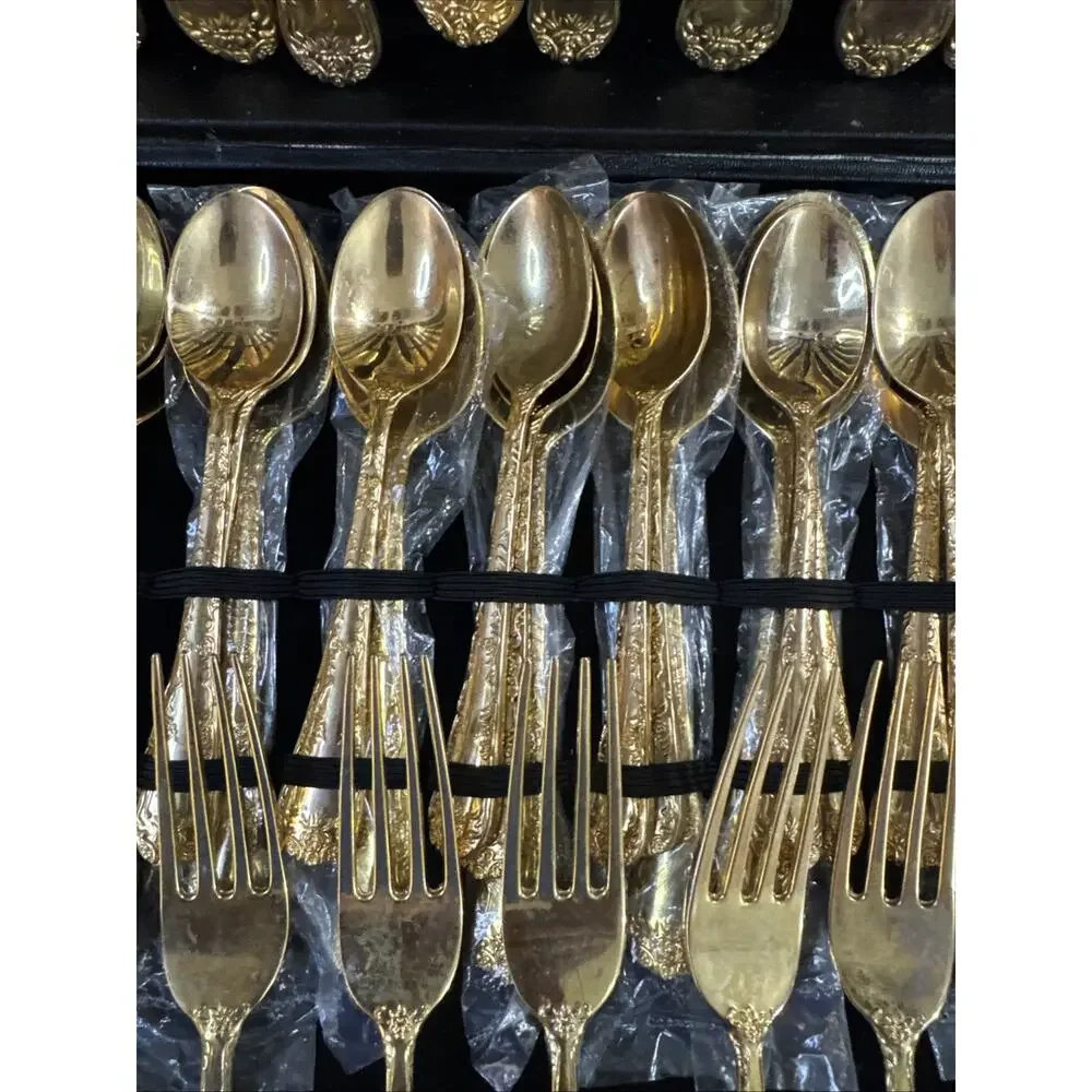 WM Rogers Enchanted Rose Gold Plated Flatware Set 63 Pc Service for 12 Case Vtg